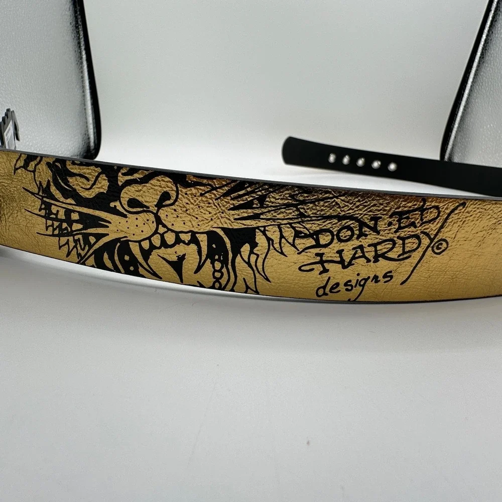 Ed Hardy Christian Audigier Belt Mens 34 Tiger Skull Tattoo Art Gold Color NEW